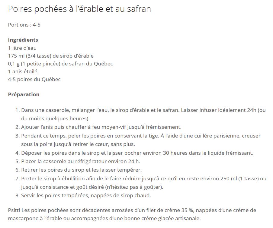 Blogue - Recette poires pochées - Recette Recette de poires pochées au safran